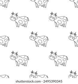 outline cow seamless pattern on white background, cute vector print in sketch style, farm concept, fabric textile background for children