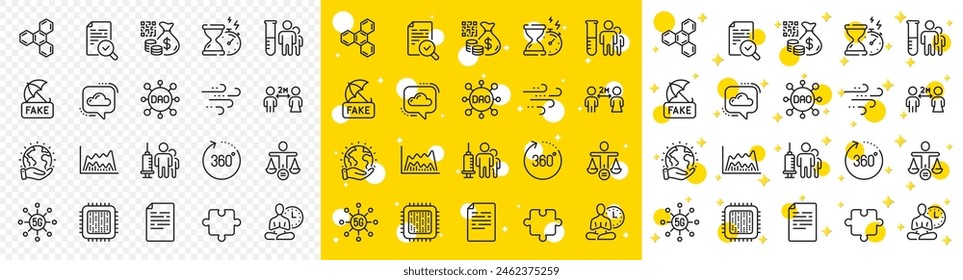 Outline Cpu processor, Inspect and 5g technology line icons pack for web with Trade chart, Chemical formula, Fake news line icon. 360 degrees, Hourglass timer, Puzzle pictogram icon. Vector