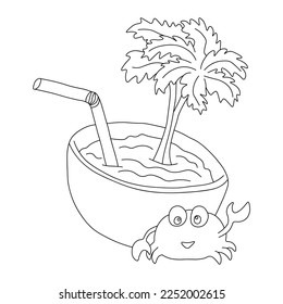 Outline of crab and half a coconut with two palm trees and a cocktail tube. Vector illustration on a white backgroun