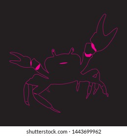 The outline of the crab, pink color, isolated on a black background. Vector graphics. Stock vector illustration. There is a place for text. Seafood. Seafood in vector