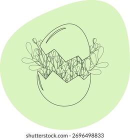 Umrissene Eierschale mit floraler Komposition Innen gegen abstrakten grünen Fleck Ostern Gruß
