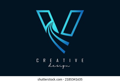 Outline Creative letter V logo with leading lines and road concept design. Letter V with geometric design. Vector Illustration with letter and cuts.