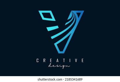 Outline Creative letter V logo with leading lines and road concept design. Letter V with geometric design. Vector Illustration with letter and cuts.
