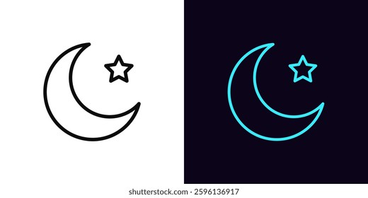 Outline crescent icon, with editable stroke. Crescent with star, half moon icon. Crescent for Islamic holidays, Ramadan. Magic dream, moon phase and cycle, night and sleep time. Vector icon