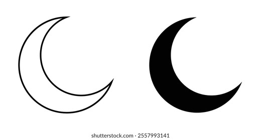 Outline crescent moon icon set isolated on white background. Crescent moon silhouette set. Lunar design elements. Half moon outline. EPS vector illustration