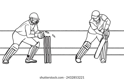Outline cricket scene, players wicket keeper and batsmen in action pose svg