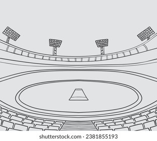 Umrissenes Cricketstadion mit Sitzplätzen. Schwarze Linie mit weißem Hintergrund. Sport