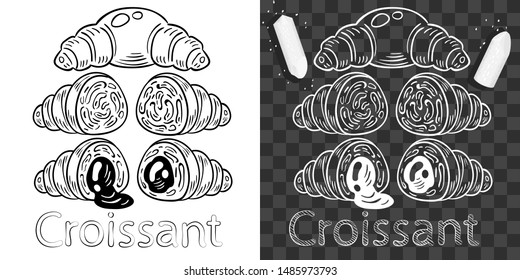 Outline croissant and broken piece of chalk with text. Design, print, logo, emblem on packaging or menu for cafe and bakery shop, etc. White background transparent in EPS. Vector illustration.