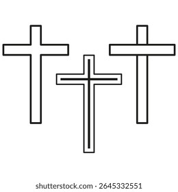 Contornar ícones cruzados. Símbolos religiosos lineares. Linha fina cruza. Elementos de fé vetorial.