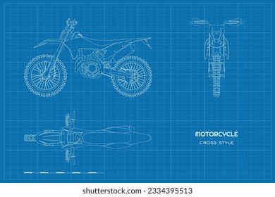 Outline cross motorcycle drawing. Line motorbike art. Front, side, top view of motocross cycle. Extreme bike industrial draw. Motorsport vehicle blueprint. Vector illustration