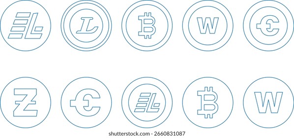 Conjunto de iconos de monedas digitales criptográficas Bitcoin, Litecoin, símbolos de finanzas de tokens