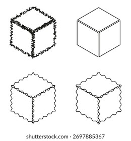 Outline cube shapes. Zigzag line drawing. Wireframe isometric projection. Vector graphic elements. EPS 10.