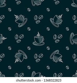Outline cup of coffee and beans seamless pattern