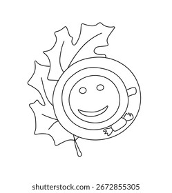 Outline of cup of coffee with a smiling face, candy and maple leaves. Vector illustration on a white background