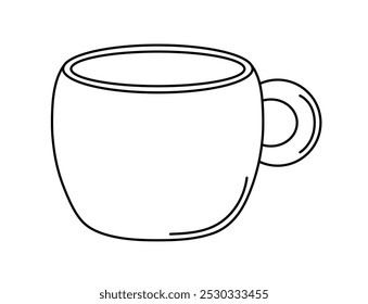 Outline Cup with handle. Contour tea Mug. Drawn tableware for hot drinks, Tableware for coloring. Line kitchen Utensils. Vessel for drinking coffee. Isolated on white background. Vector illustration