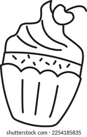 Outline Cupcake with cherry illustration. Line art vector doodle style.