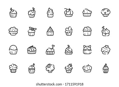 Outline Cupcakes Icon Set - Vektorillustration einzelne Symbole oder Piktogramme auf Weiß, Süßes Essen oder Desserts Icon geeignet für die Anwendung, Website. Kuchen, Muffins oder Backwaren, Illustration