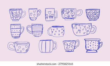 Outline cups clipart set with hand drawn tea cups, coffee mugs, and stylish drinkware sketches in elegant ink drawing style, minimalist collection for stickers, branding, packaging, scrapbooking, planners, cafes, kitchen decor, and modern design projects