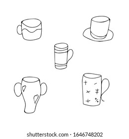 outline cups. coffee mugs. vector cartoon illustrations