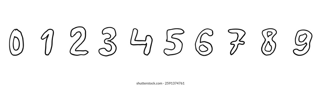 Outline curve black mathematical digits from 0 to 9 font collection set. Vector illustration in hand drawn doodle style isolated on white background. For birthday, learning, logo, sales, decorating.