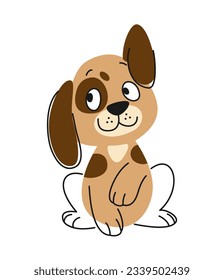 Esbozar un animal lindo. Perro divertido o cachorro con manchas en el estilo de arte de la línea de doodle. Impresión lineal con carácter de mascota para el diseño de paquetes para niños. Dibujo vectorial plano de dibujos animados aislado en fondo blanco