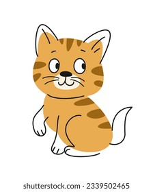 Outline cute animal. Striped red funny cat or kitten in hand drawn style. Linear print with pet for design of kids package and wrapping. Cartoon flat vector illustration isolated on white background