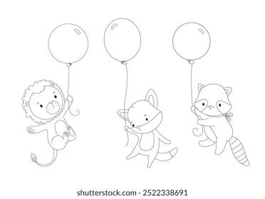 Outline cute animals fox, lion and raccoon with balloons. Line hand drawn illustrations set for coloring book