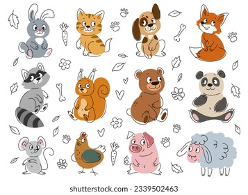 Contorno a un conjunto de animales bonitos. zorro lineal, oso, gato, perro, liebre, ardilla, cerdo y oveja. Impresión de garabatos con mamíferos y pájaros para niños envuelve el diseño. Vector plano de dibujos animados aislado sobre fondo blanco