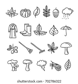 Outline cute autumn symbols vector set. Fall illustrations and objects