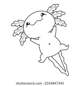 Outline cute Axolotl. Floating on back little cartoon kawaii character. Line drawing, coloring book. Vector illustration. Kids collection