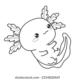 Outline cute Axolotl. Little cartoon character. Line drawing, coloring book. Vector illustration. Kids collection