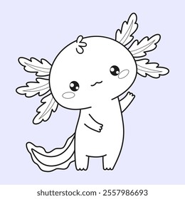 Outline cute Axolotl. Little cartoon kawaii character. Line drawing, coloring book. Vector illustration. Kids collection