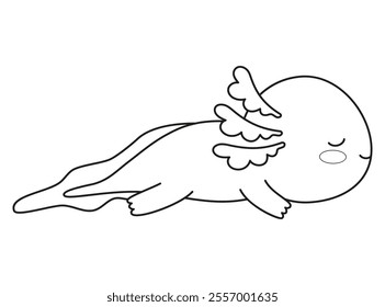 Outline cute Axolotl. Lying and sleeping cartoon kawaii character. Line drawing, coloring book. Vector illustration. Kids collection