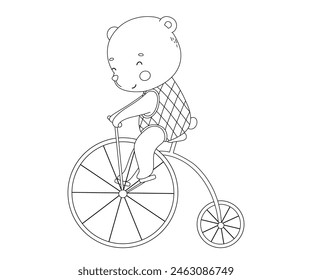 Outline cute baby circus bear on bicycle. Funny forest animal on retro bike in vintage costume. Hand drawn isolated line illustration for coloring book