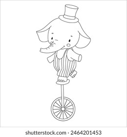 Outline cute baby circus elephant on wheel. Funny animal on retro bike in vintage costume. Hand drawn isolated line illustration for coloring book