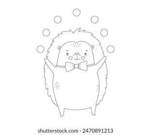 Outline cute baby circus hedgehog with colorful balls. Funny animal. Hand drawn isolated line illustration for coloring book