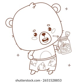 Outline Cute bear in beach shorts with Smoothie, iced cocktail and straw. Funny Animal cartoon kawaii character vacation. Line drawing, coloring book. Vector illustration. Kids collection. Not AI