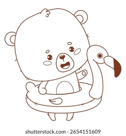 Lindo oso en flamenco inflable. Divertido animal de dibujos animados kawaii vacaciones de verano. Ilustración vectorial. Dibujo de líneas, libro para colorear. Colección de niños. No es IA