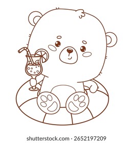 Outline Cute bear in relaxing on swim ring with drink. Funny Animal cartoon kawaii summer beach character vacation. Vector illustration. Line drawing, coloring book. Kids collection. Not AI