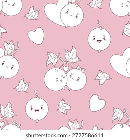 Umriss süße schwarze Johannisbeere nahtloses Muster. Romantische Kawaii-Beere Johannisbeere und Herzen auf rosafarbenem Hintergrund. Strichzeichnung, Färbung Cartoon Valentine Zeichen für Holiday Design. Vektorgrafik