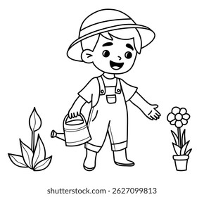 Outline Cute boy farmer in hat and overalls. Kid Gardening with garden tools watering can with plants. Isolated linear hand drawing doodle. Vector illustration