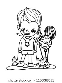 outline cute boy with vampire constume and balloons