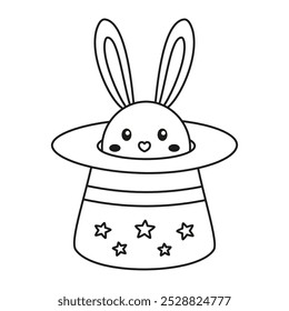 outline cute bunny in magic hat of circus magician, funny rabbit character isolated, line illustration for coloring book