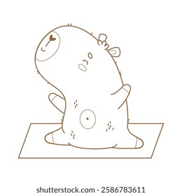 Outline Cute capybara stretching on yoga mat. Funny meditation and fitness. Cartoon animal sportsman. Line drawing, coloring book. Vector illustration. Kids collection