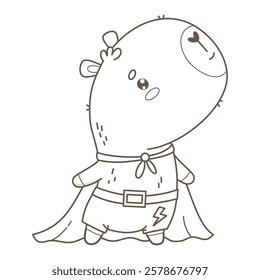 Outline Cute Capybara Superhero. Funny cartoon kawaii character animal in raincoat. Line drawing, coloring page. Vector illustration. Kids collection