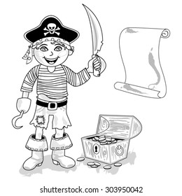 Outline of cute cartoon pirate character with hook, sword, map and treasure chest