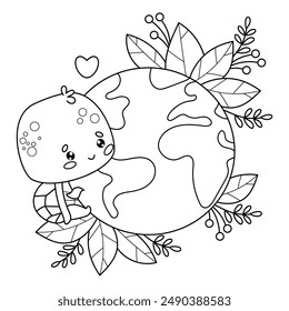 Outline cute cartoon turtle character with planet Earth. Concept ecology green life, conservation, protection of nature and animal. Vector illustration. Line drawing, coloring book. Kids collection