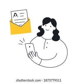 Outline Cute Cartoon Woman Sending A CV From Her Phone To Get A Dream Job. Job Search, Looking For Work Opportunities, Looking For New Vacancies. Linear Isolated Vector On White