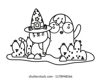 outline cute cat with hat and ghost wearing glasses