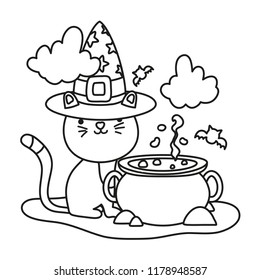 outline cute cat with hat and pot cauldron
